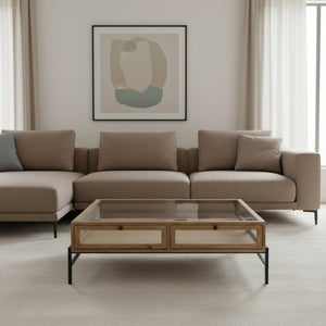 HomeRoots 42" Contemporary Clear and Black Glass Coffee Table with Metal Frame, Storage Drawers & Shelf 393165