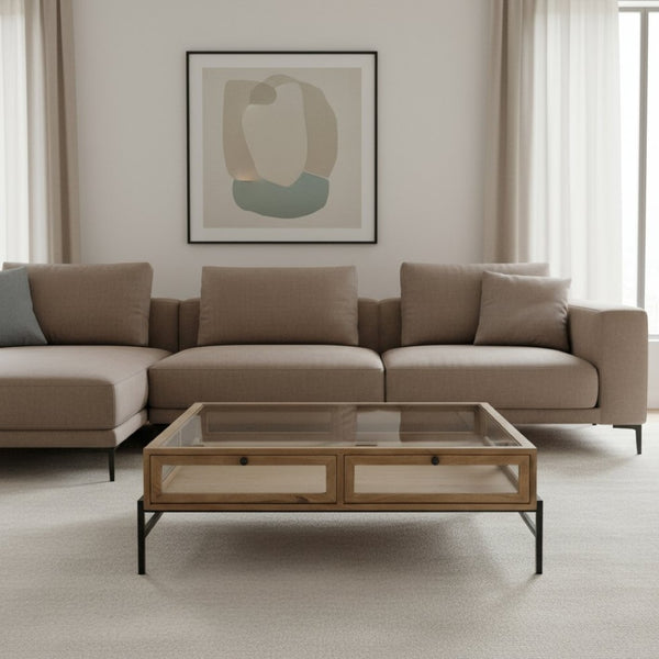 HomeRoots 42" Contemporary Clear and Black Glass Coffee Table with Metal Frame, Storage Drawers & Shelf 393165