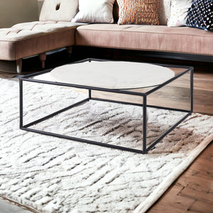 Homeroots 36" White And Black Genuine Marble And Metal Square Coffee Table   393168