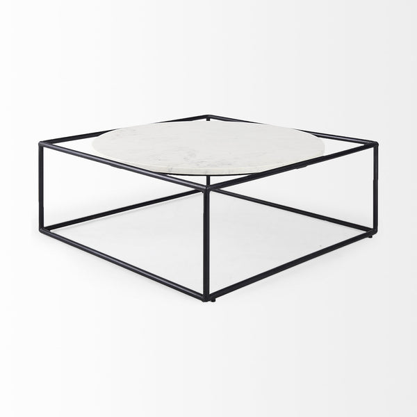 Homeroots 36" White And Black Genuine Marble And Metal Square Coffee Table   393168