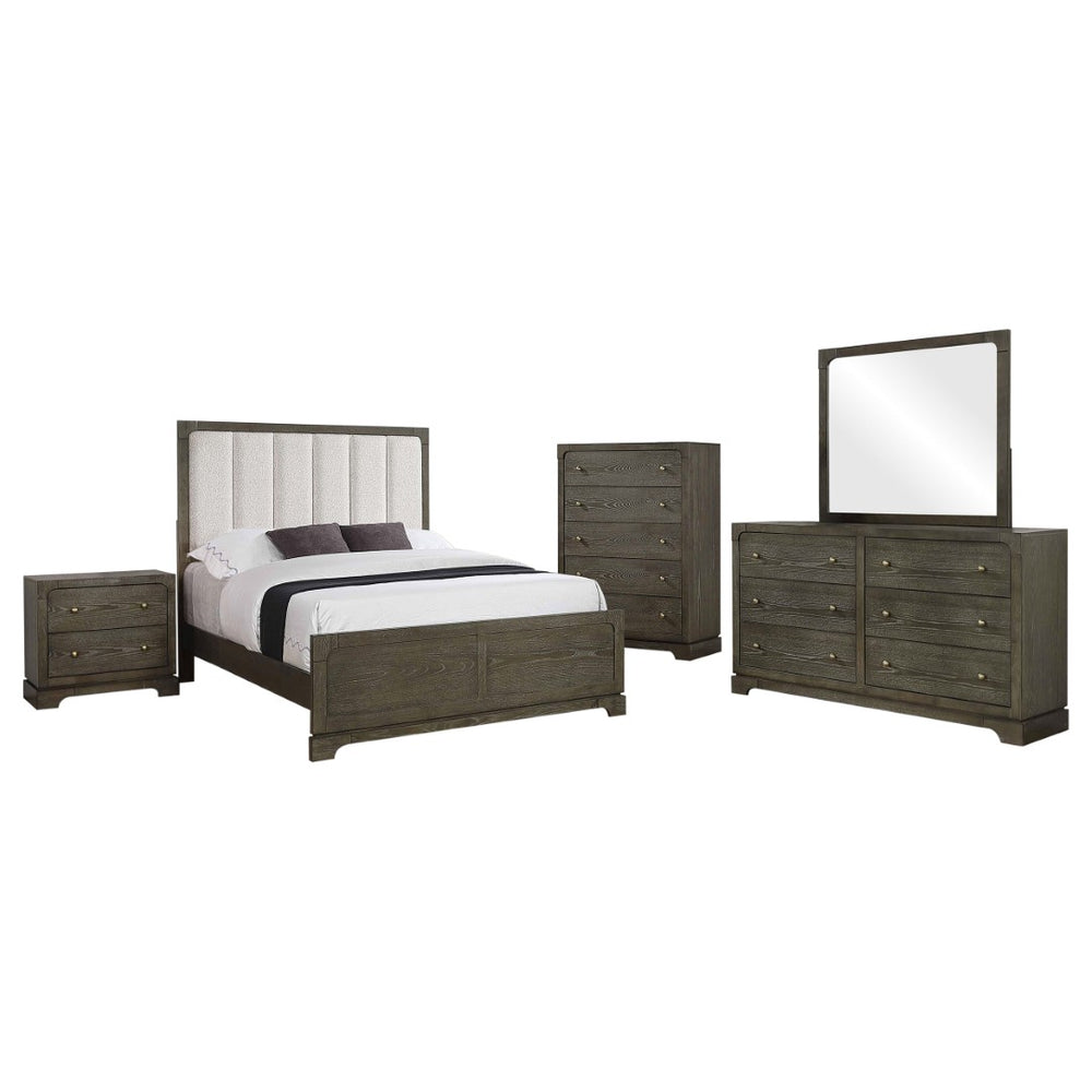 English Elm Arabesque Queen Bedroom Set with Led Tufted Headboard Mirrored Trim Crystal Hardware B062S01544