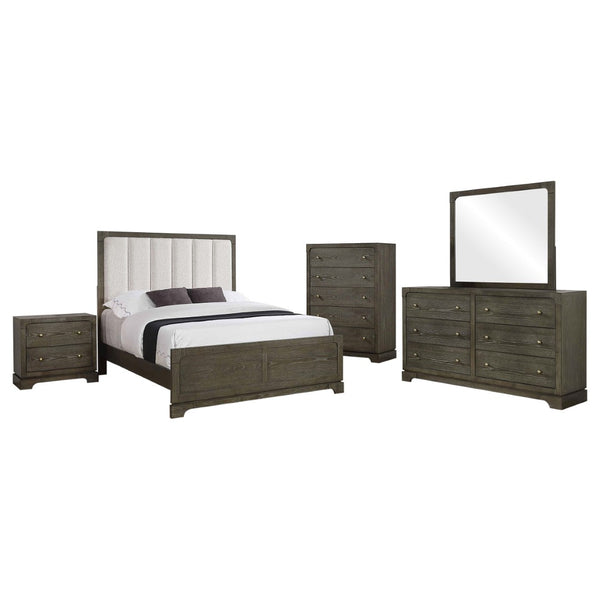 English Elm Arabesque Queen Bedroom Set with Led Tufted Headboard Mirrored Trim Crystal Hardware B062S01544