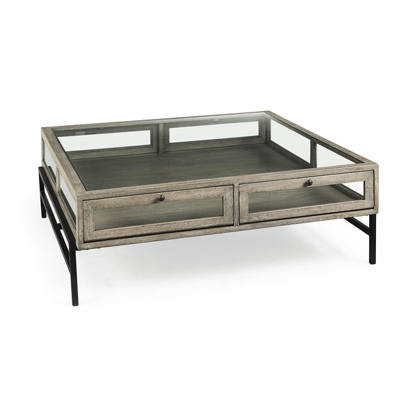 Homeroots 42" Gray And Black Glass And Metal Square Coffee Table With Shelf   393171