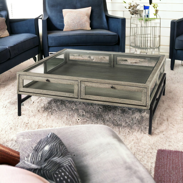 Homeroots 42" Gray And Black Glass And Metal Square Coffee Table With Shelf   393171