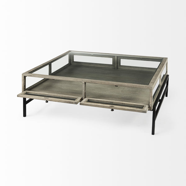 Homeroots 42" Gray And Black Glass And Metal Square Coffee Table With Shelf   393171