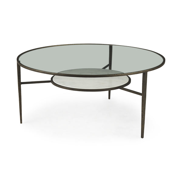 Homeroots 36" Clear And Bronze Glass And Metal Round Coffee Table With Shelf   393172
