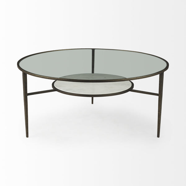 Homeroots 36" Clear And Bronze Glass And Metal Round Coffee Table With Shelf   393172