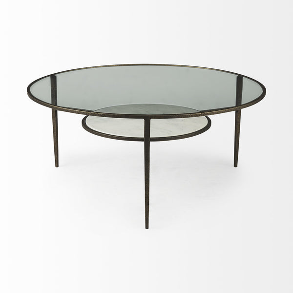 Homeroots 36" Clear And Bronze Glass And Metal Round Coffee Table With Shelf   393172