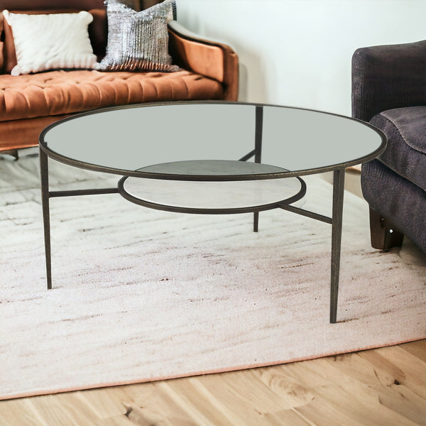 Homeroots 36" Clear And Bronze Glass And Metal Round Coffee Table With Shelf   393172