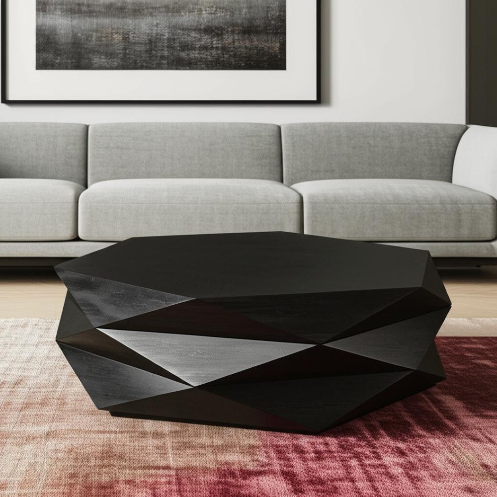 HomeRoots 48" Black Octagon Coffee Table - Stylish Solid Wood Centerpiece for Modern Living Spaces & Decor 393173