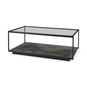 Homeroots 48" Clear And Black Glass And Wood Coffee Table With Shelf   393179