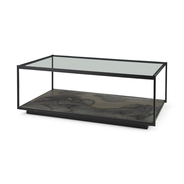 Homeroots 48" Clear And Black Glass And Wood Coffee Table With Shelf   393179