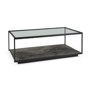 Homeroots 48" Clear And Black Glass And Wood Coffee Table With Shelf   393179