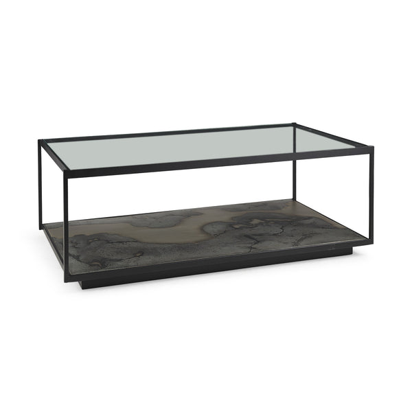 Homeroots 48" Clear And Black Glass And Wood Coffee Table With Shelf   393179