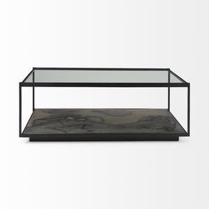 Homeroots 48" Clear And Black Glass And Wood Coffee Table With Shelf   393179