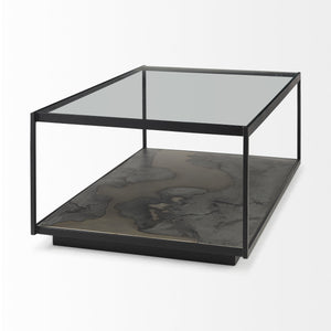 Homeroots 48" Clear And Black Glass And Wood Coffee Table With Shelf   393179