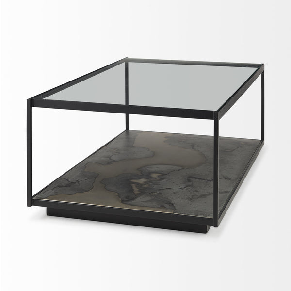 Homeroots 48" Clear And Black Glass And Wood Coffee Table With Shelf   393179