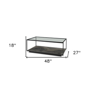 Homeroots 48" Clear And Black Glass And Wood Coffee Table With Shelf   393179
