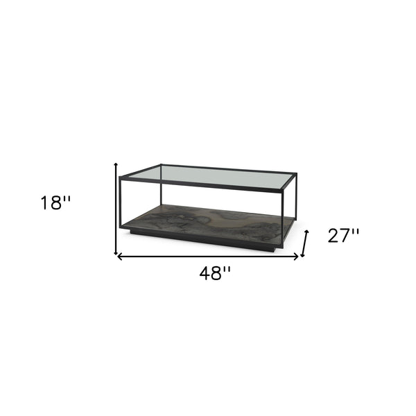 Homeroots 48" Clear And Black Glass And Wood Coffee Table With Shelf   393179