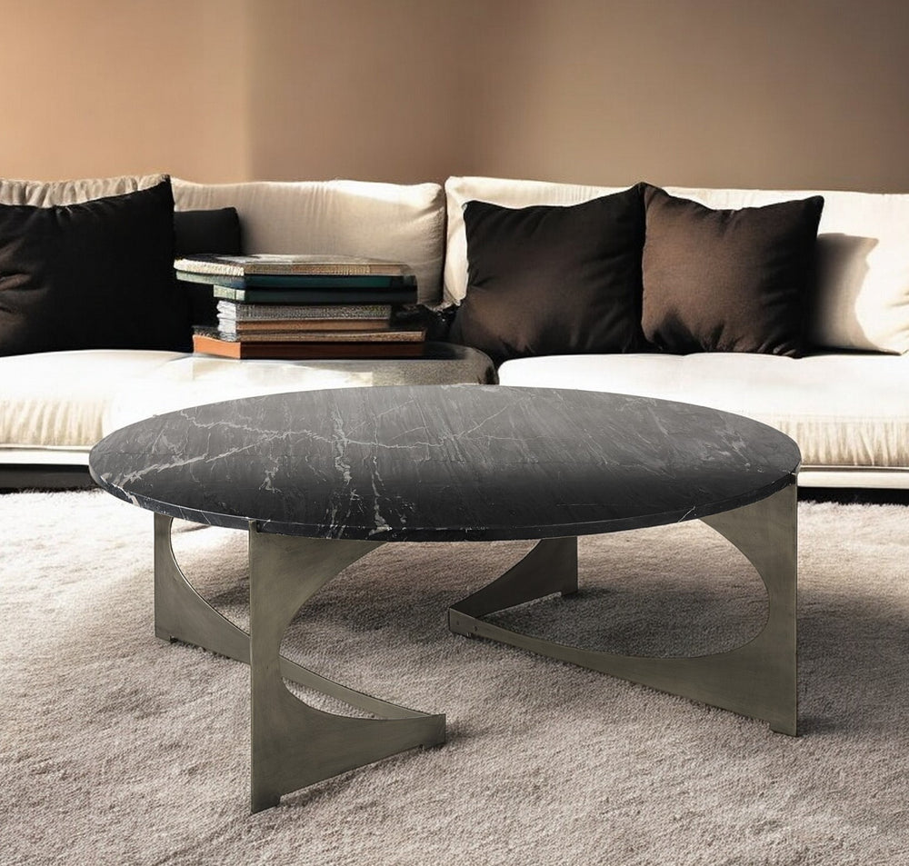 Homeroots 48" Black And Gold Genuine Marble And Iron Round Coffee Table   393182