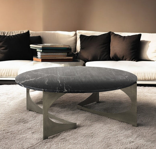 Homeroots 48" Black And Gold Genuine Marble And Iron Round Coffee Table   393182