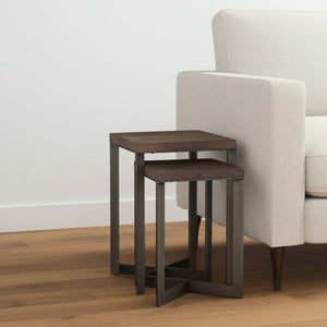 HomeRoots Set of Two Versatile Brown Solid Wood & Metal Nesting Tables with Chic Cross Legs for Modern Spaces 393190