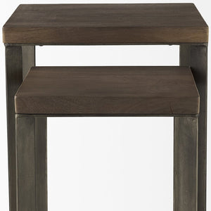 HomeRoots Set of Two Versatile Brown Solid Wood & Metal Nesting Tables with Chic Cross Legs for Modern Spaces 393190