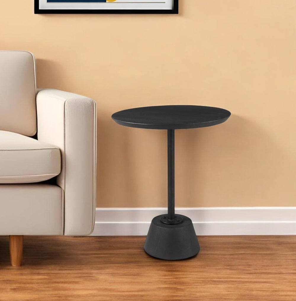 HomeRoots 24" Black Round End Table with Modern Metal Frame and Warm Wood Top - Stylish, Compact, Versatile Accent Piece 393191