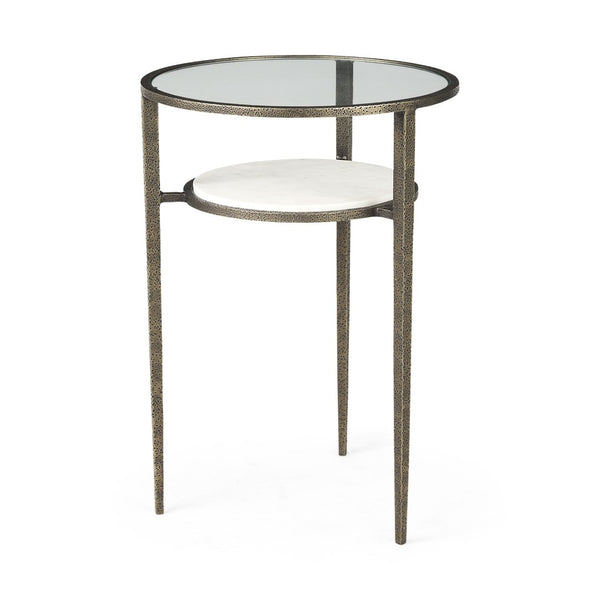 HomeRoots 23" Vintage-Modern Bronze Metal & Clear Glass Round End Table with Shelf for Storage & Display 393196