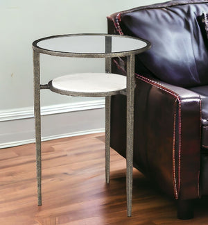 HomeRoots 23" Vintage-Modern Bronze Metal & Clear Glass Round End Table with Shelf for Storage & Display 393196