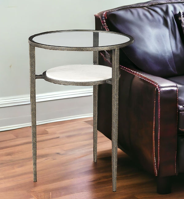 HomeRoots 23" Vintage-Modern Bronze Metal & Clear Glass Round End Table with Shelf for Storage & Display 393196