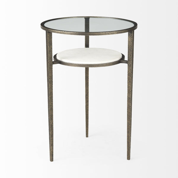 HomeRoots 23" Vintage-Modern Bronze Metal & Clear Glass Round End Table with Shelf for Storage & Display 393196