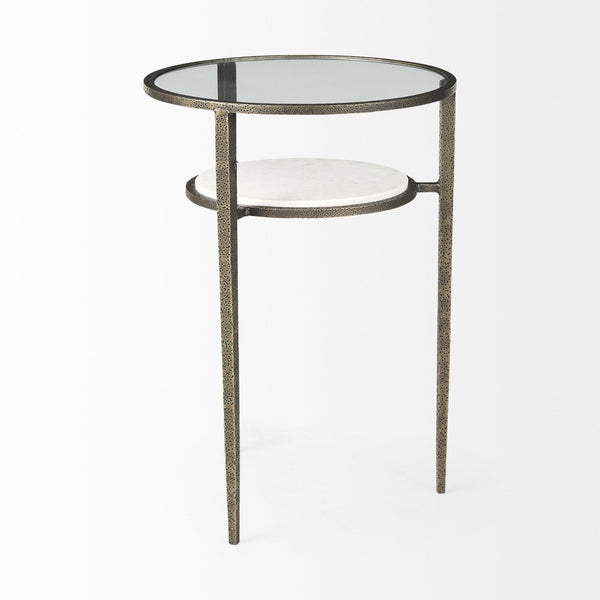 HomeRoots 23" Vintage-Modern Bronze Metal & Clear Glass Round End Table with Shelf for Storage & Display 393196