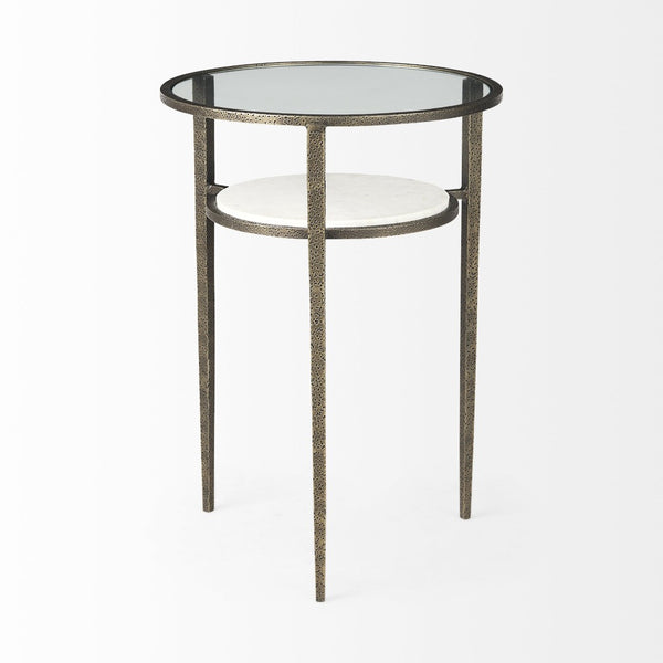 HomeRoots 23" Vintage-Modern Bronze Metal & Clear Glass Round End Table with Shelf for Storage & Display 393196