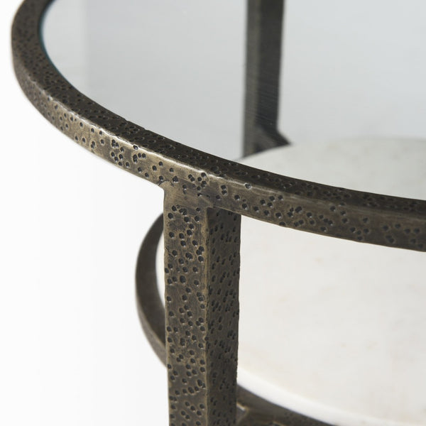HomeRoots 23" Vintage-Modern Bronze Metal & Clear Glass Round End Table with Shelf for Storage & Display 393196