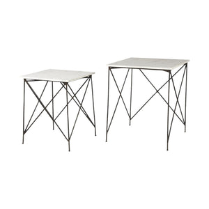 HomeRoots Set of Two Elegant White and Black Marble Nested Tables with Sleek Metal Bases for Modern Spaces 393198