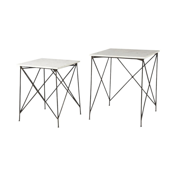 HomeRoots Set of Two Elegant White and Black Marble Nested Tables with Sleek Metal Bases for Modern Spaces 393198