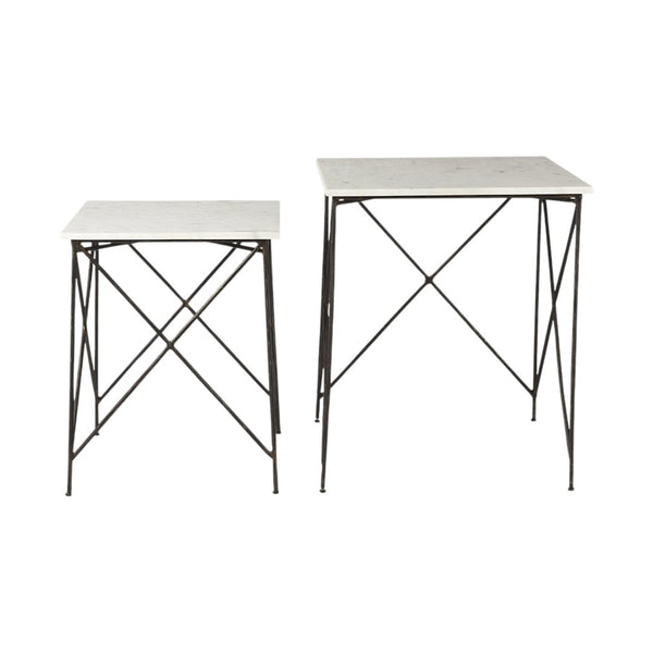 HomeRoots Set of Two Elegant White and Black Marble Nested Tables with Sleek Metal Bases for Modern Spaces 393198