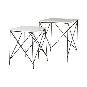 HomeRoots Set of Two Elegant White and Black Marble Nested Tables with Sleek Metal Bases for Modern Spaces 393198