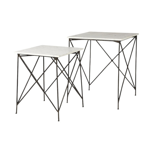 HomeRoots Set of Two Elegant White and Black Marble Nested Tables with Sleek Metal Bases for Modern Spaces 393198