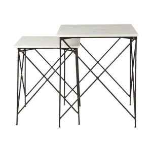 HomeRoots Set of Two Elegant White and Black Marble Nested Tables with Sleek Metal Bases for Modern Spaces 393198