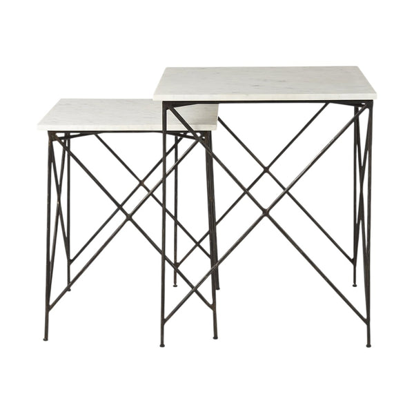 HomeRoots Set of Two Elegant White and Black Marble Nested Tables with Sleek Metal Bases for Modern Spaces 393198
