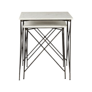 HomeRoots Set of Two Elegant White and Black Marble Nested Tables with Sleek Metal Bases for Modern Spaces 393198