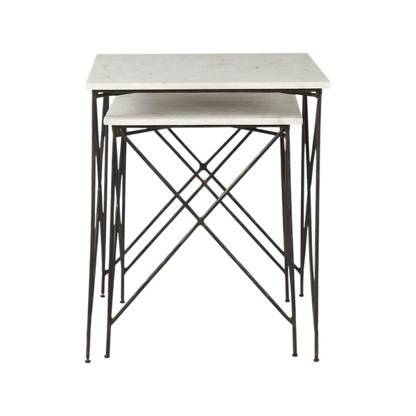 HomeRoots Set of Two Elegant White and Black Marble Nested Tables with Sleek Metal Bases for Modern Spaces 393198