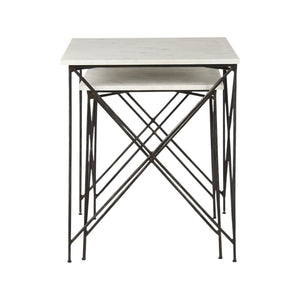 HomeRoots Set of Two Elegant White and Black Marble Nested Tables with Sleek Metal Bases for Modern Spaces 393198