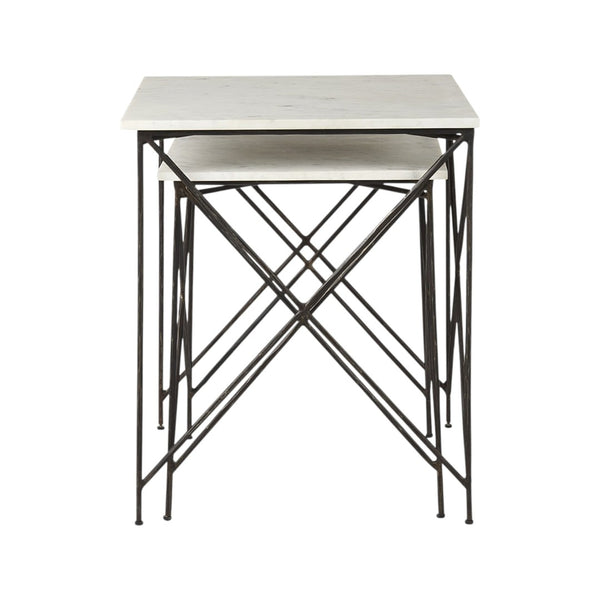 HomeRoots Set of Two Elegant White and Black Marble Nested Tables with Sleek Metal Bases for Modern Spaces 393198