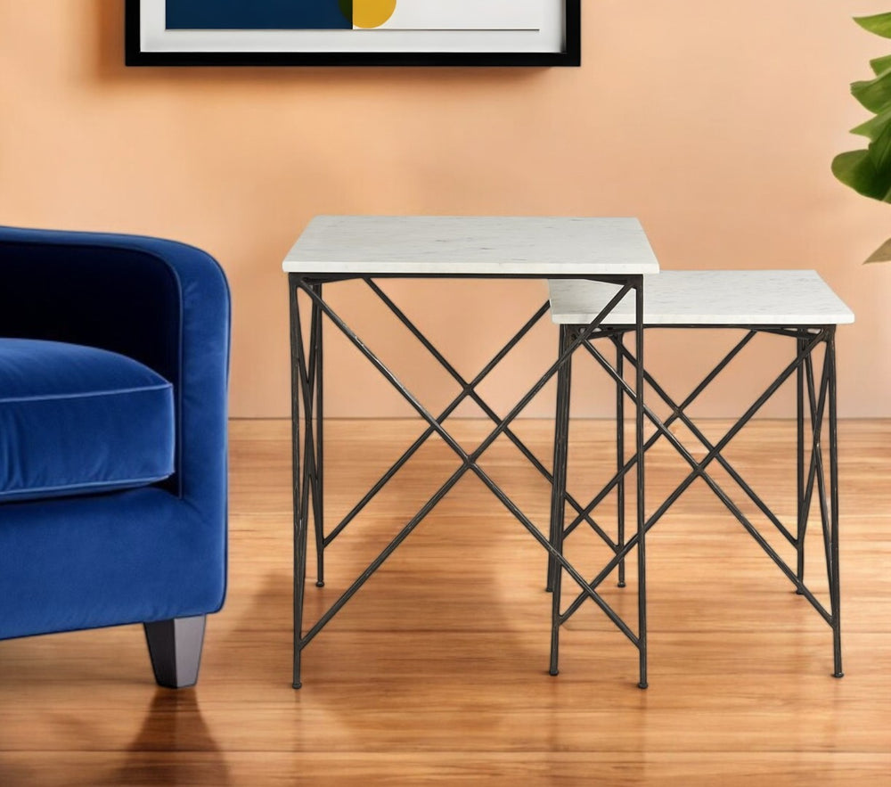 HomeRoots Set of Two Elegant White and Black Marble Nested Tables with Sleek Metal Bases for Modern Spaces 393198