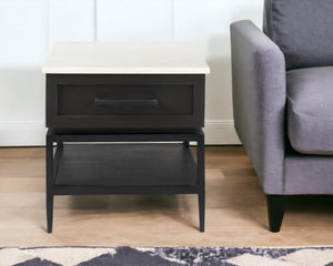 Homeroots 22" Black And White Marble Square End Table With Drawer And Shelf   393199
