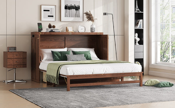 English Elm Murphy Cabinet Queen Bed Solid Pine Frame with Built-in Charging Station for Guest Rooms Walnut W504S00165