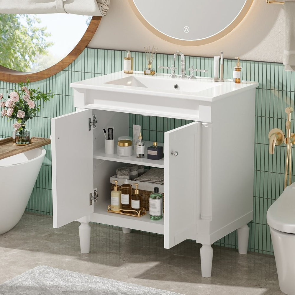 English Elm 30" French Style Bathroom Vanity with Ceramic Basin Soft Close Doors Wood Legs White N710P415327K